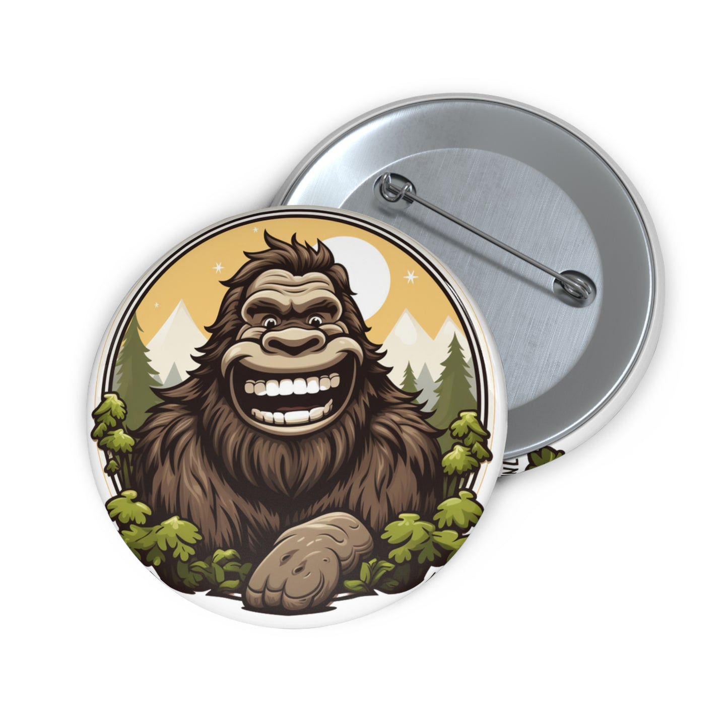 Smiling Bigfoot Button Friendly Sasquatch Forest Cryptid Pin Badge