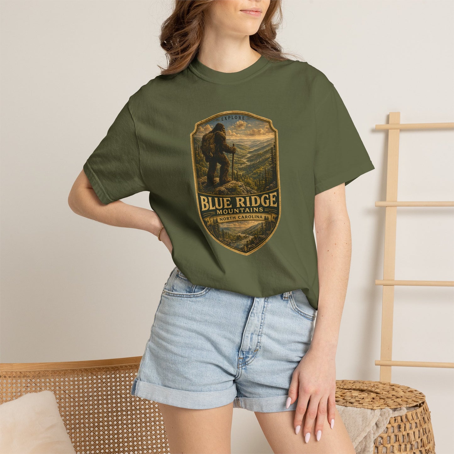 Blue Ridge Mountains Badge Bigfoot Design T-Shirt | Hiking Nature Retro