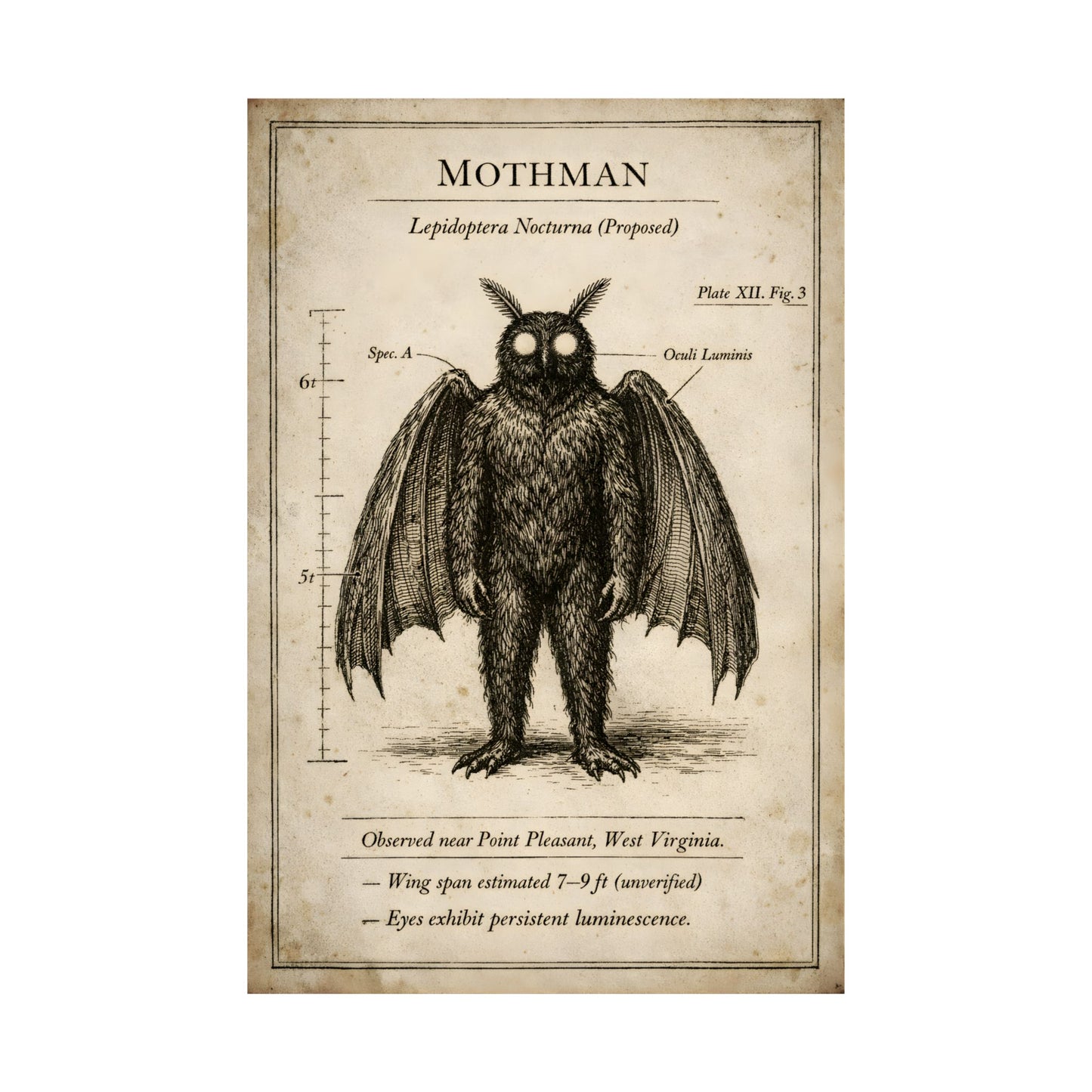 Mothman Natural History Illustration Vintage Cryptid Specimen Plate Museum Style Art Print