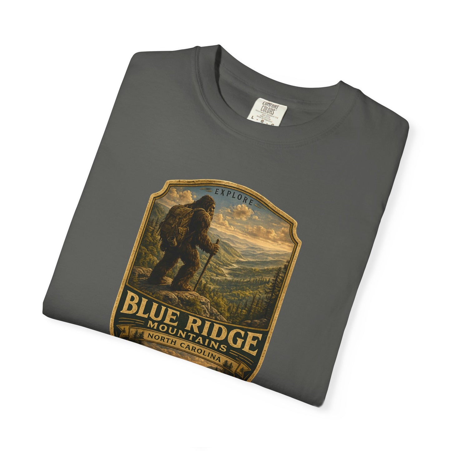 Blue Ridge Mountains Badge Bigfoot Design T-Shirt | Hiking Nature Retro