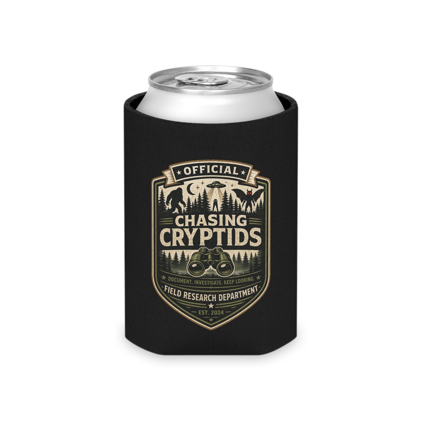 Chasing Cryptids official field research badge neoprene can cooler