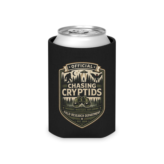 Chasing Cryptids official field research badge neoprene can cooler