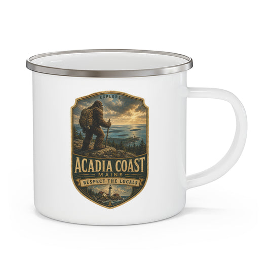 Acadia Coast Maine Badge Enamel Camping Mug | Vintage Bigfoot Hike Patch
