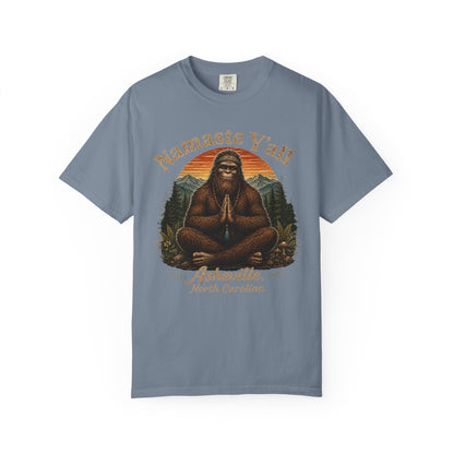 Namaste Y'all meditating Sasquatch Asheville graphic t-shirt