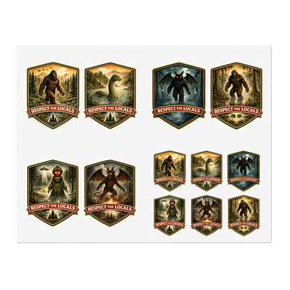 Cryptid sticker sheet with 12 vintage-badge cryptid designs