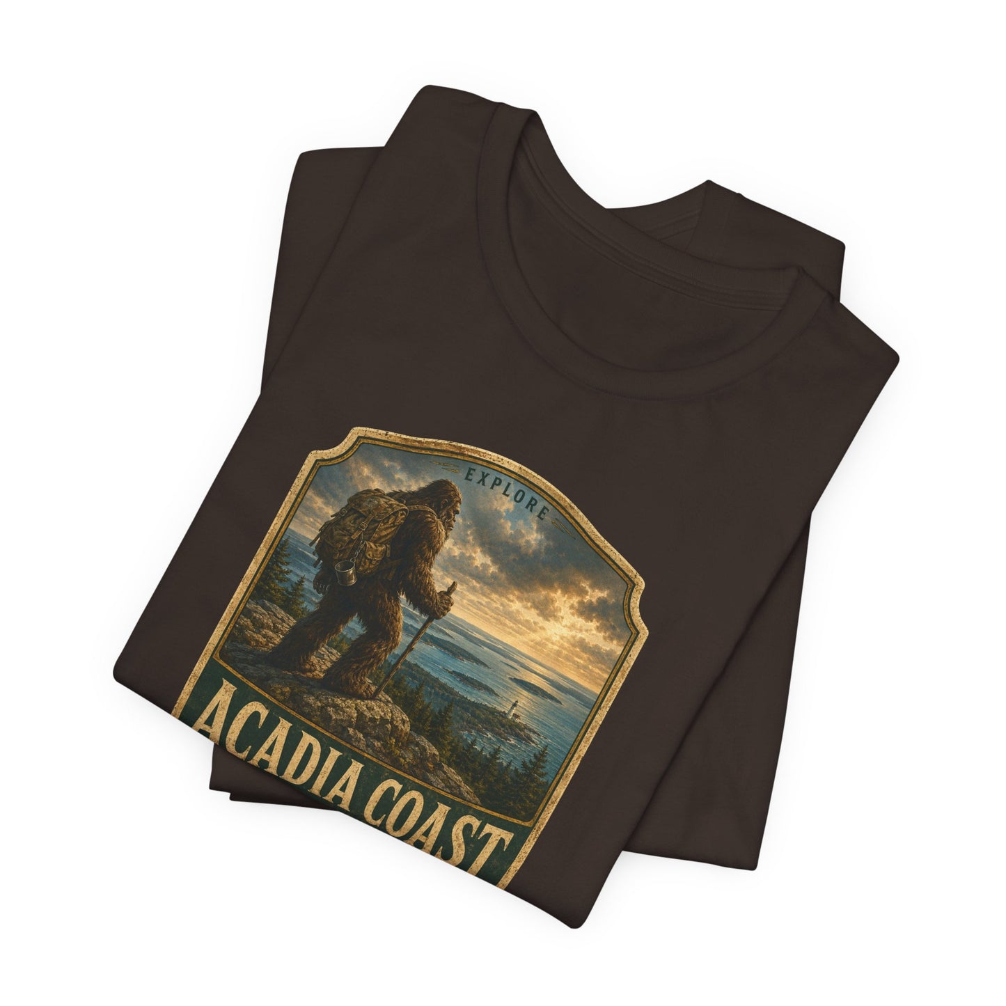 Acadia Coast Maine badge design T-Shirt | Respect the Locals, Bigfoot coastal hiking tee