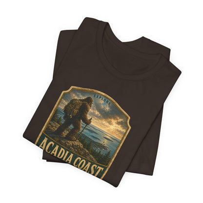 Acadia Coast Maine Bigfoot hiking badge graphic t-shirt