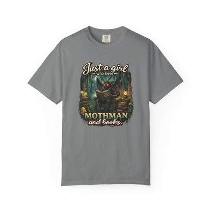 Just a Girl Who Loves Mothman and Books T Shirt Cryptid Book Lover Tee