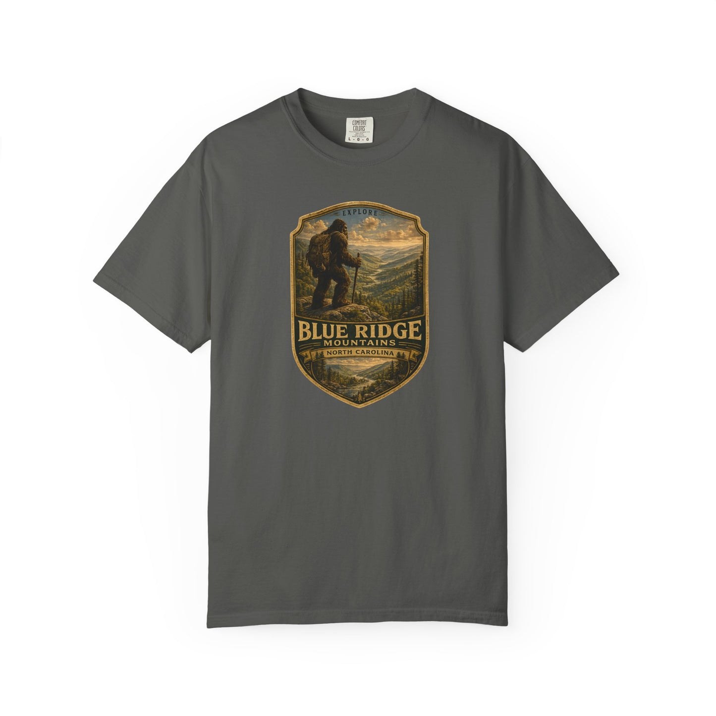 Blue Ridge Mountains Badge Bigfoot Design T-Shirt | Hiking Nature Retro