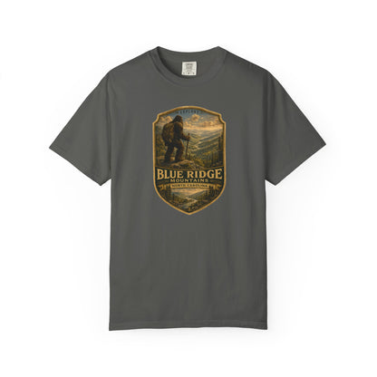 Blue Ridge Mountains Bigfoot hiking badge graphic t-shirt