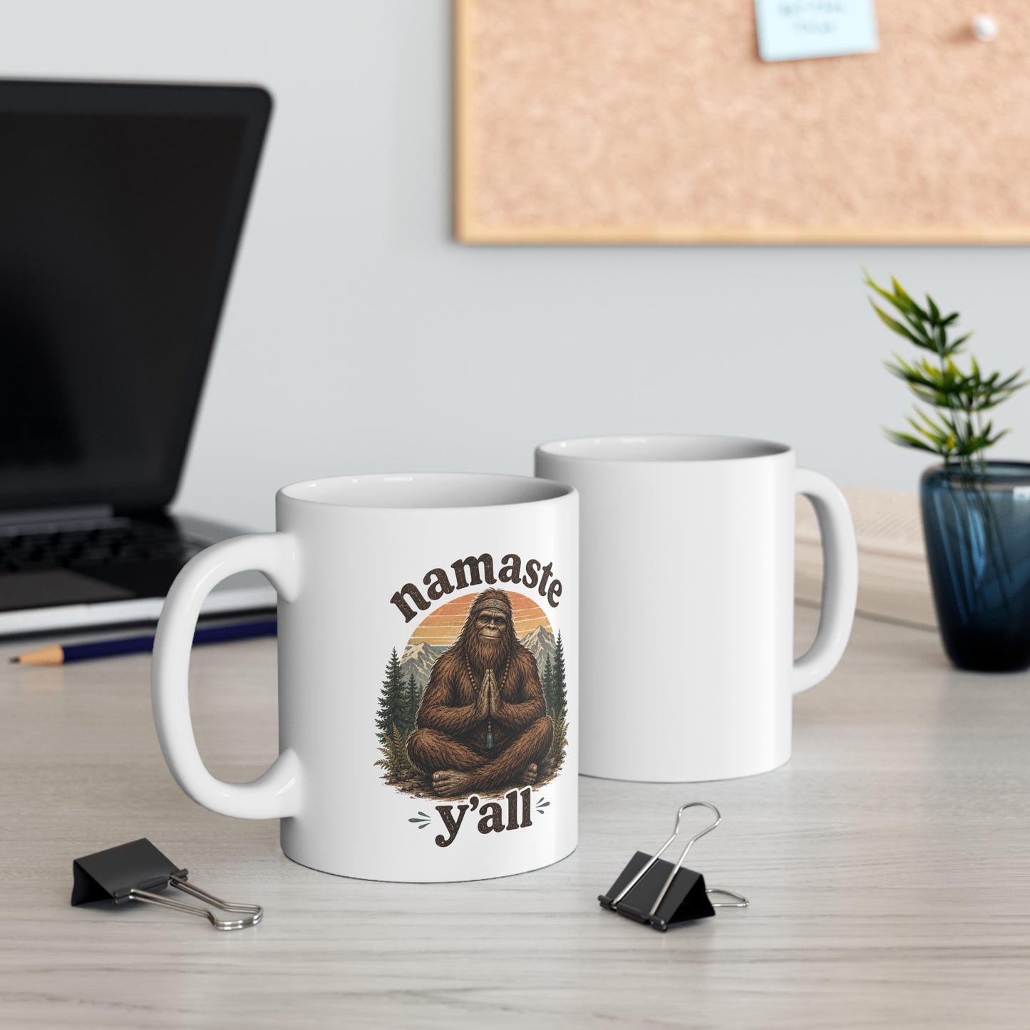Namaste Y'all meditating Bigfoot ceramic coffee mug