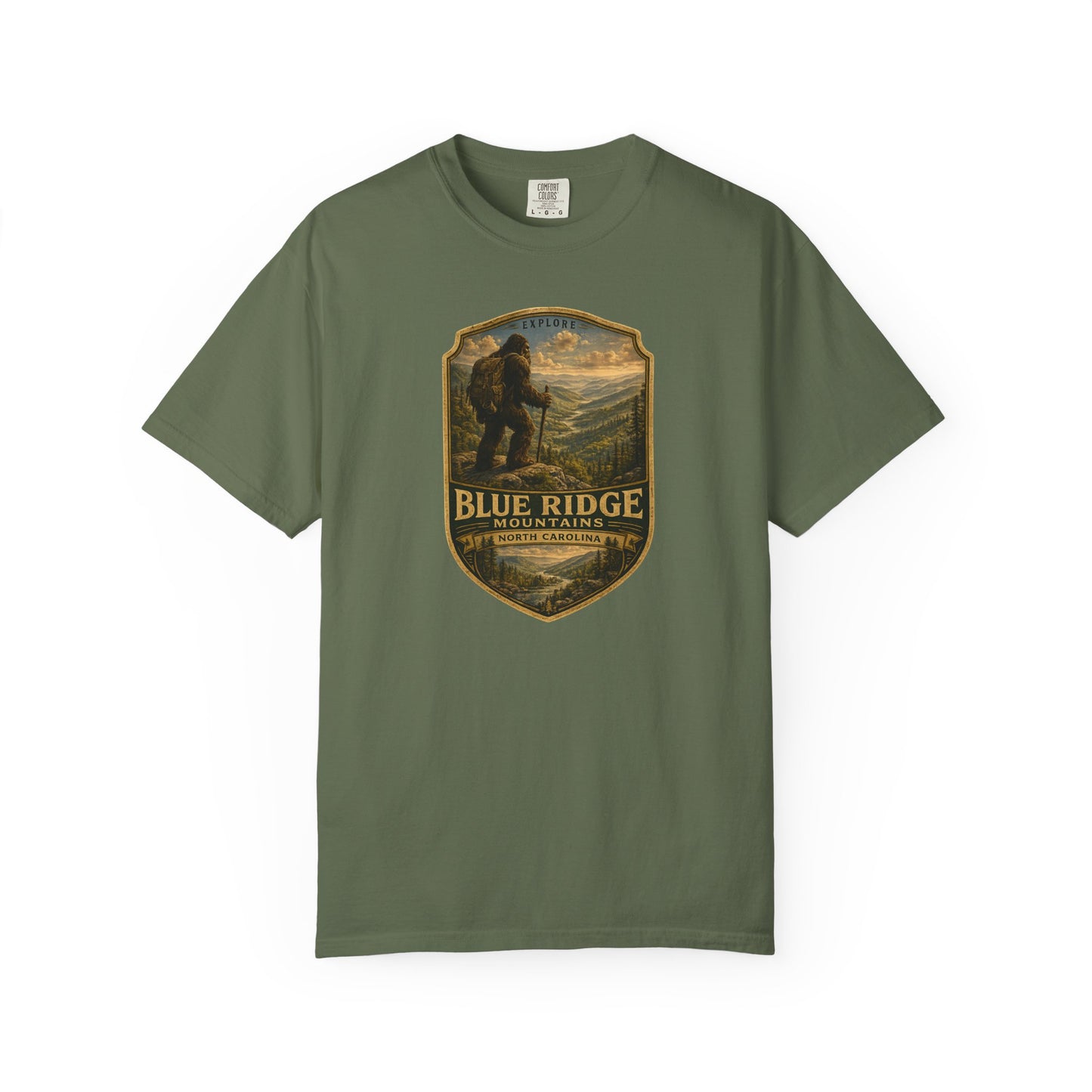 Blue Ridge Mountains Badge Bigfoot Design T-Shirt | Hiking Nature Retro