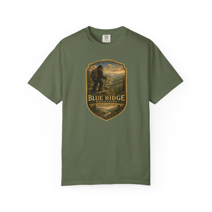 Blue Ridge Mountains Bigfoot hiking badge graphic t-shirt