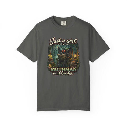 Just a Girl Who Loves Mothman and Books T Shirt Cryptid Book Lover Tee