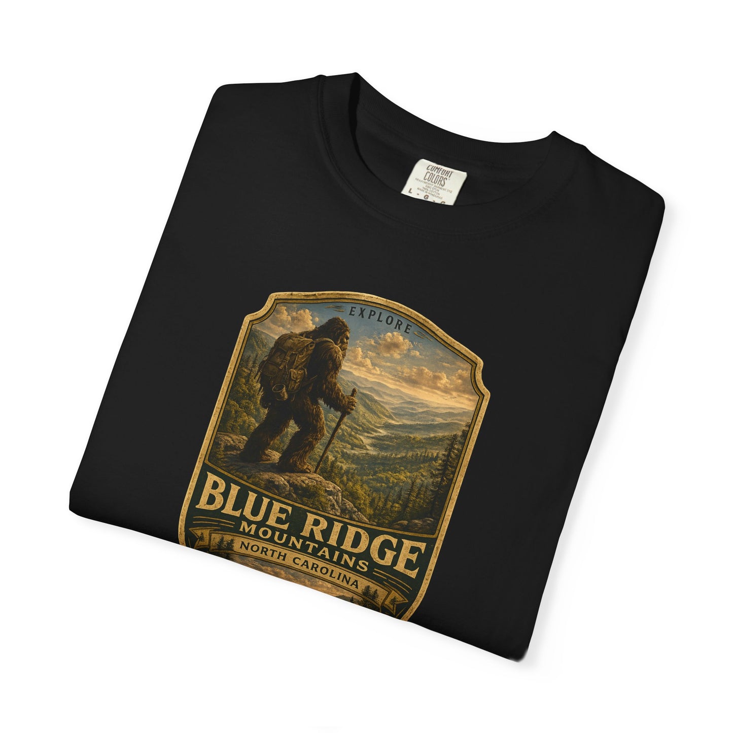Blue Ridge Mountains Badge Bigfoot Design T-Shirt | Hiking Nature Retro