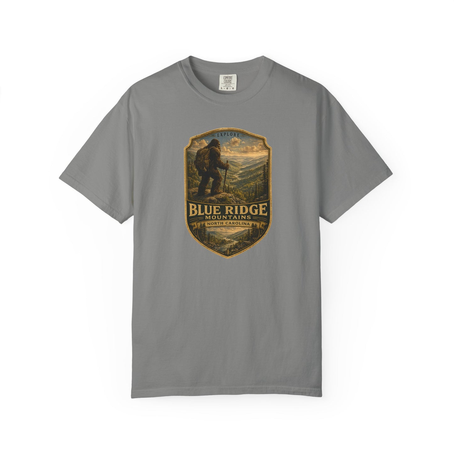 Blue Ridge Mountains Badge Bigfoot Design T-Shirt | Hiking Nature Retro