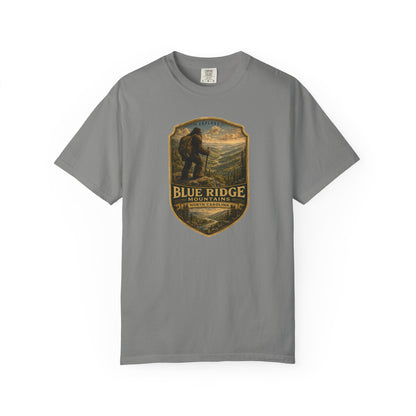 Blue Ridge Mountains Badge Bigfoot Design T-Shirt | Hiking Nature Retro