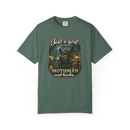 Just a Girl Who Loves Mothman and Books T Shirt Cryptid Book Lover Tee