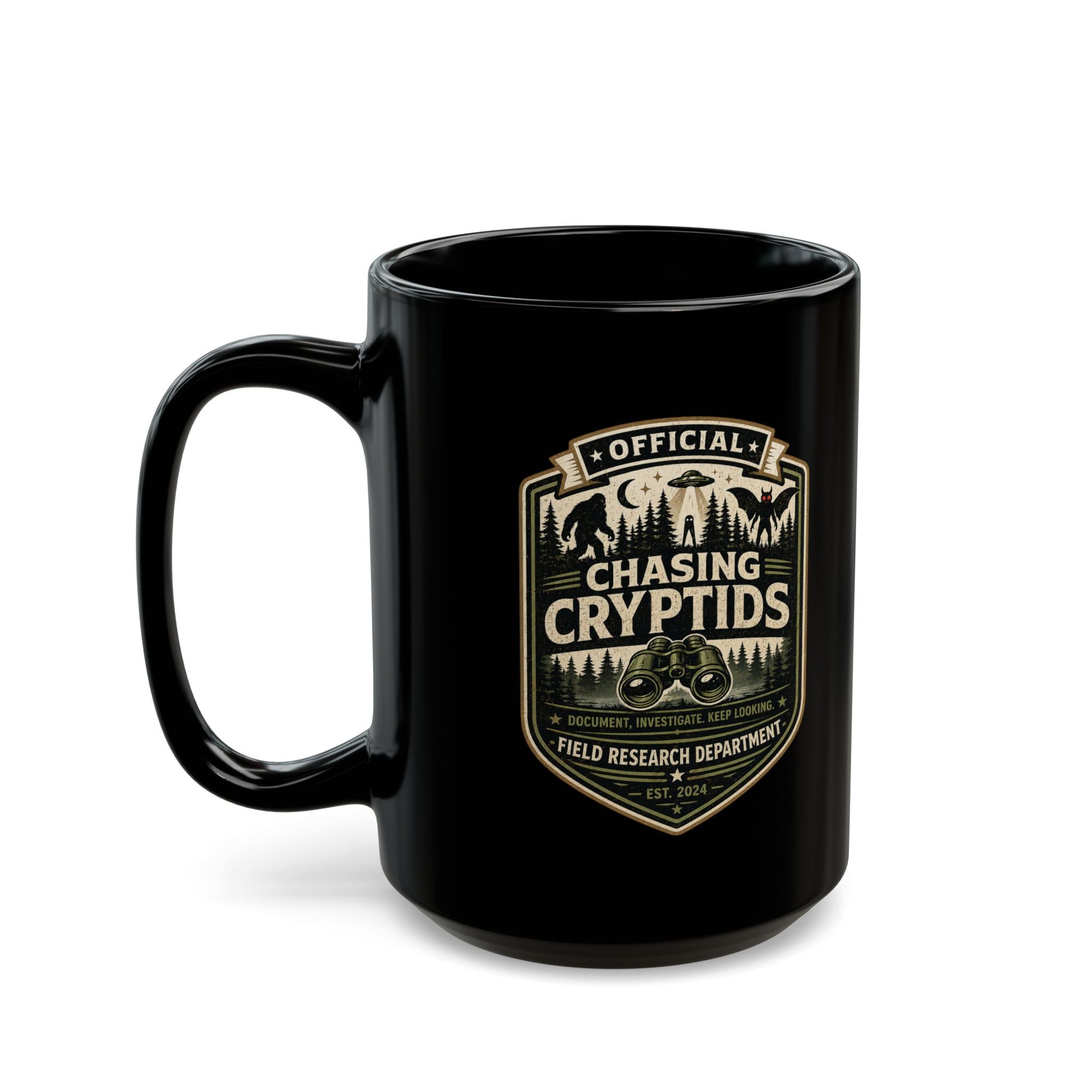 Chasing Cryptids official field research black ceramic coffee mug