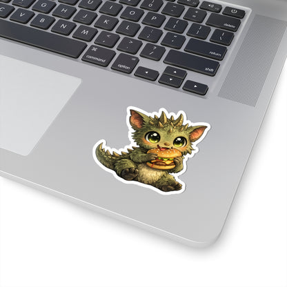 Baby Chupacabra eating a cheeseburger vinyl sticker, Cryptid Cubs series