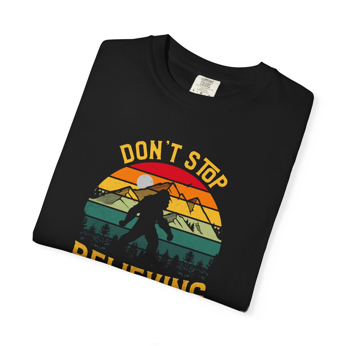 Bigfoot Don't Stop Believing T-Shirt | Retro Sunset Sasquatch Design