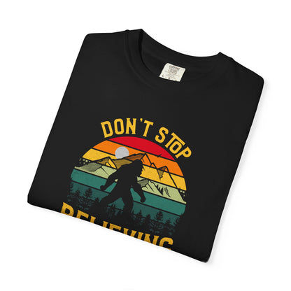 Bigfoot Don't Stop Believing retro sunset graphic t-shirt