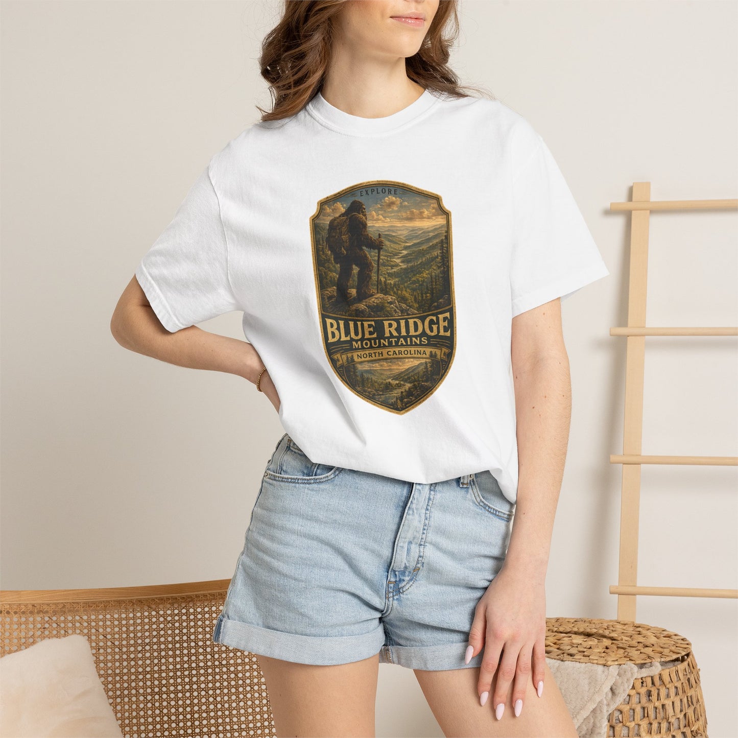Blue Ridge Mountains Badge Bigfoot Design T-Shirt | Hiking Nature Retro