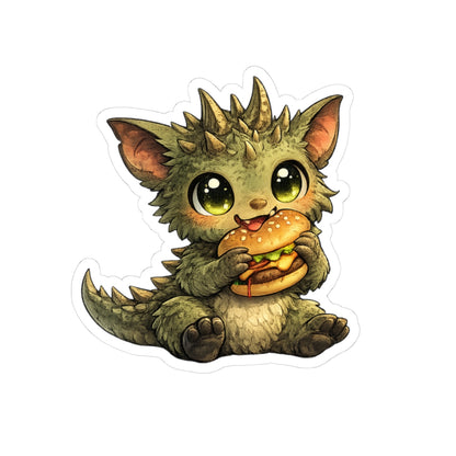 Baby Chupacabra eating a cheeseburger vinyl sticker, Cryptid Cubs series