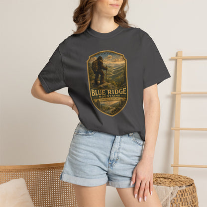 Blue Ridge Mountains Badge Bigfoot Design T-Shirt | Hiking Nature Retro