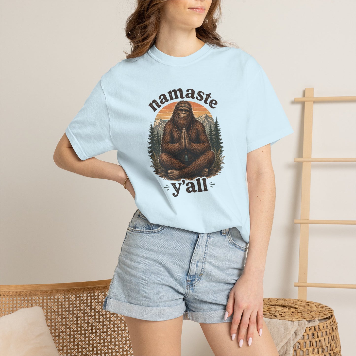 Namaste Y'all Bigfoot Sasquatch T-Shirt | Yoga Forest Illustration