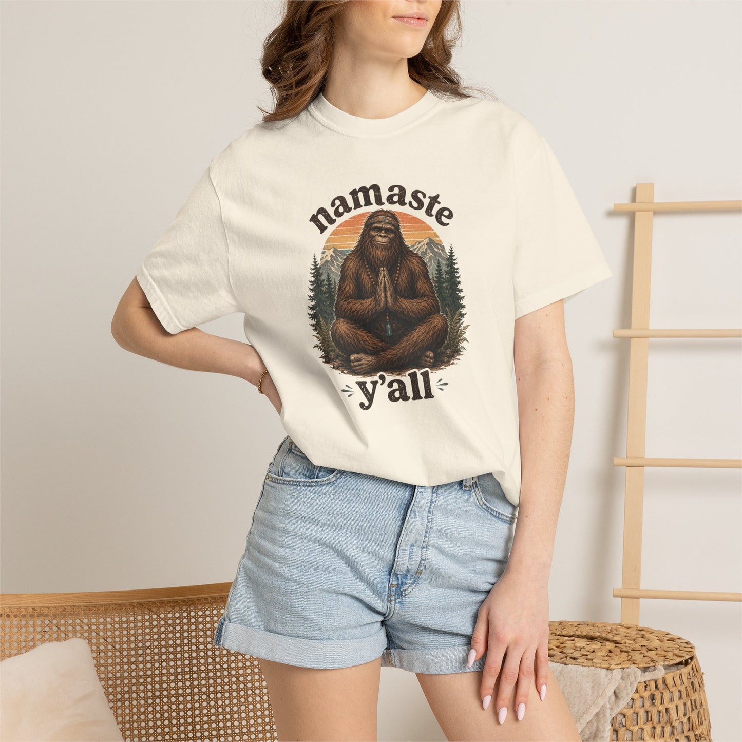 Namaste Y'all Bigfoot Sasquatch T-Shirt | Yoga Forest Illustration