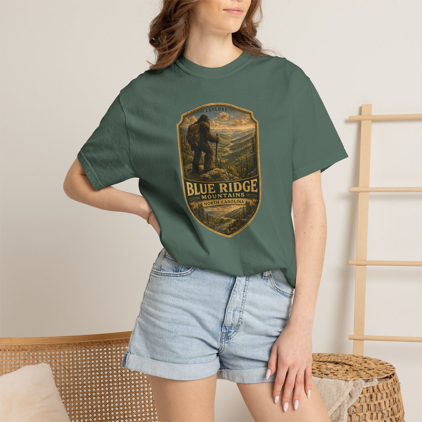Blue Ridge Mountains Badge Bigfoot Design T-Shirt | Hiking Nature Retro