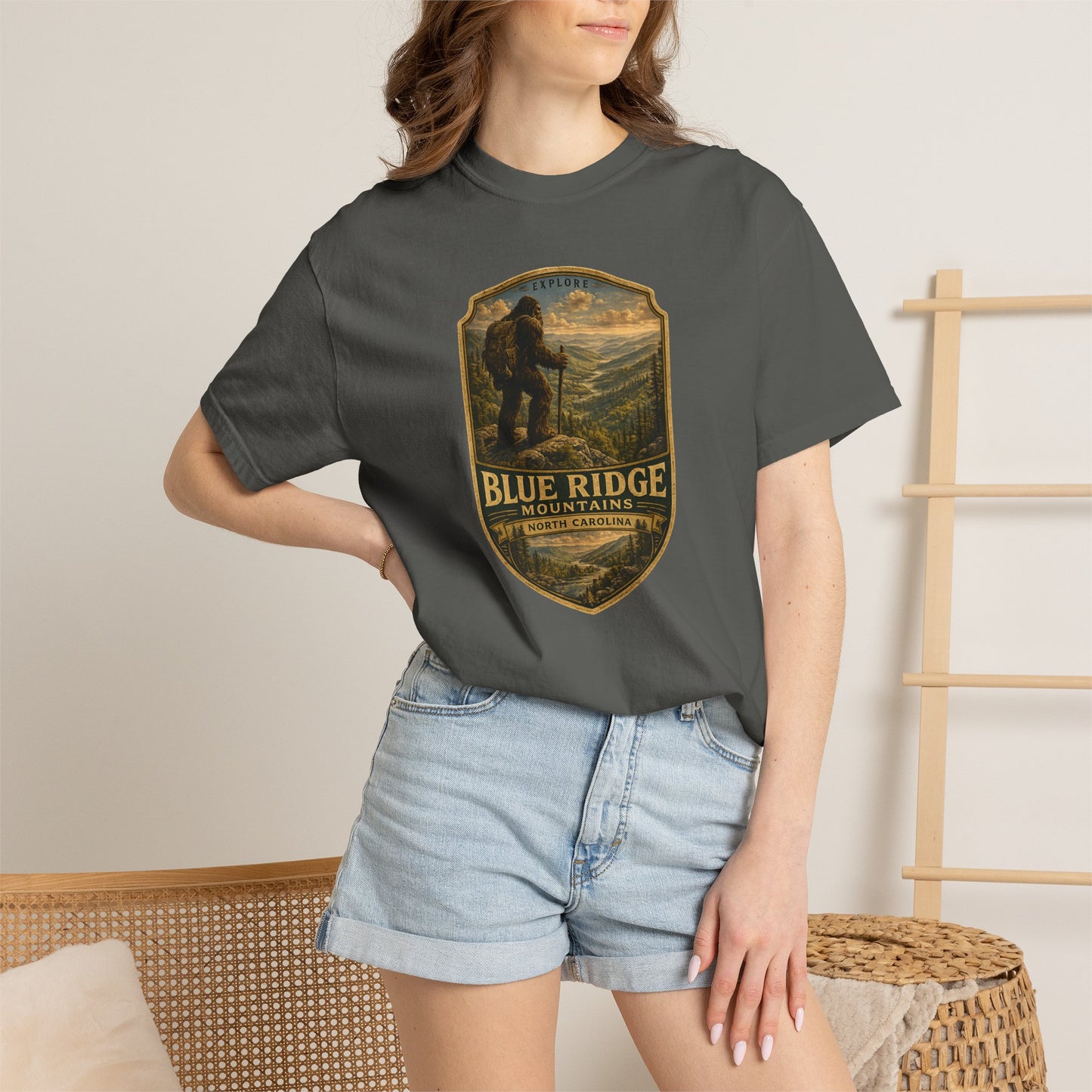 Blue Ridge Mountains Badge Bigfoot Design T-Shirt | Hiking Nature Retro