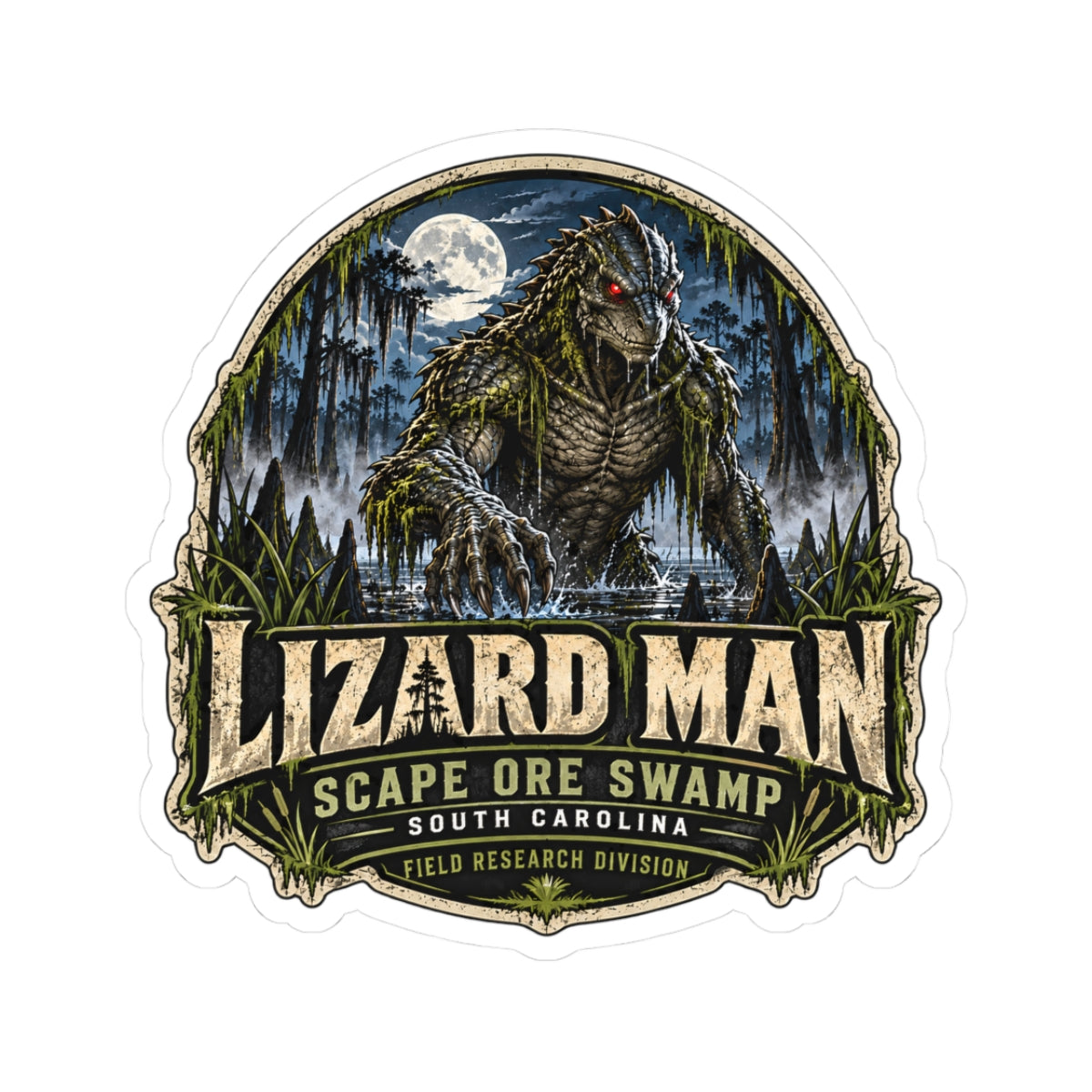Lizard Man Sticker | Scape Ore Swamp South Carolina Cryptid Sticker | Reptilian Humanoid Field Research Decal | 3 or 4 Inch