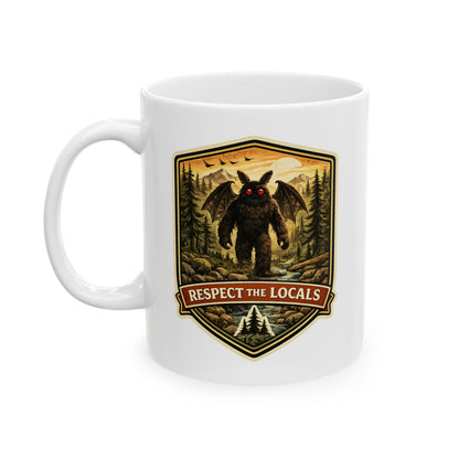 Mothman vintage badge ceramic coffee mug, Respect the Locals series
