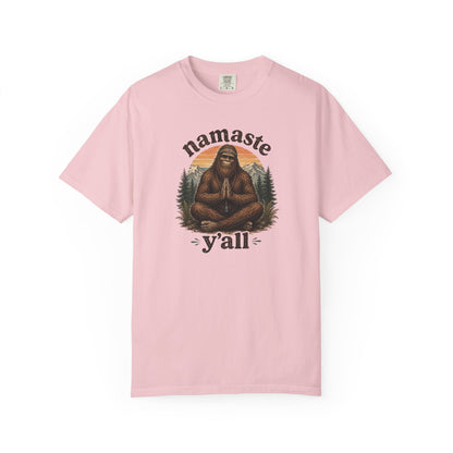 Namaste Y'all meditating Bigfoot yoga forest graphic t-shirt