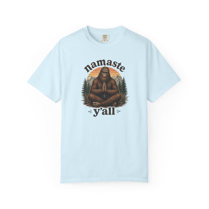 Namaste Y'all meditating Bigfoot yoga forest graphic t-shirt