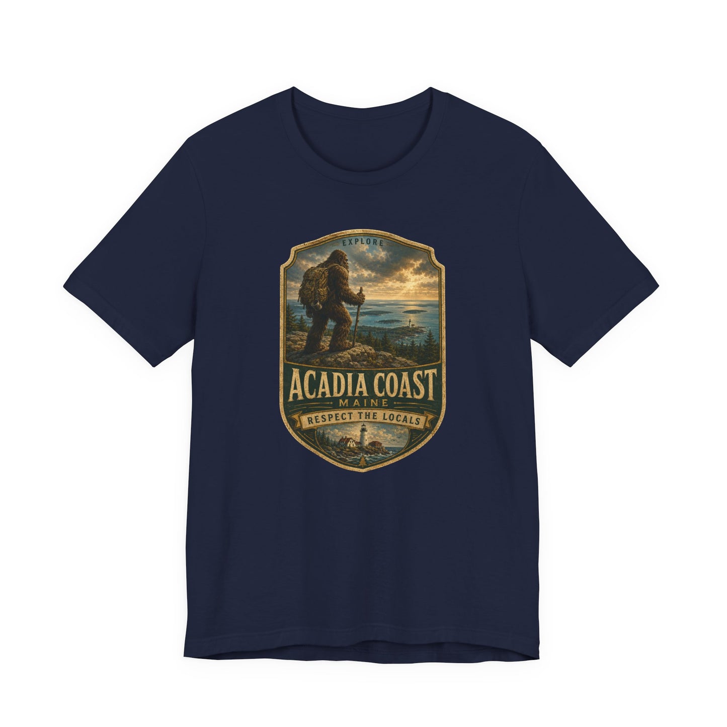 Acadia Coast Maine badge design T-Shirt | Respect the Locals, Bigfoot coastal hiking tee