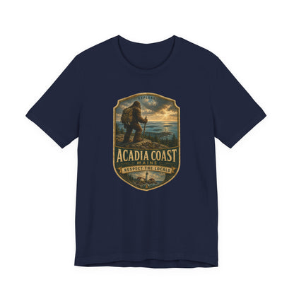 Acadia Coast Maine Bigfoot hiking badge graphic t-shirt