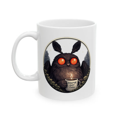 Mothman drinking coffee ceramic mug, Chasing Cryptids