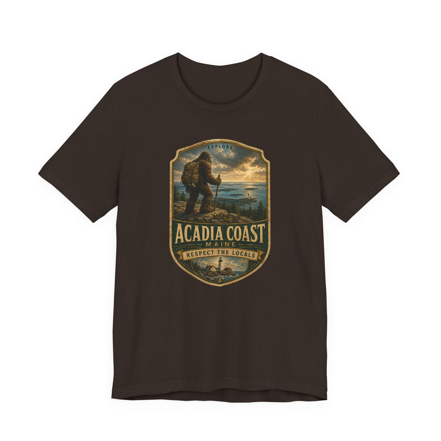Acadia Coast Maine badge design T-Shirt | Respect the Locals, Bigfoot coastal hiking tee