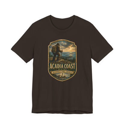 Acadia Coast Maine Bigfoot hiking badge graphic t-shirt