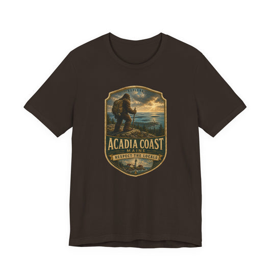 Acadia Coast Maine badge design T-Shirt | Respect the Locals, Bigfoot coastal hiking tee