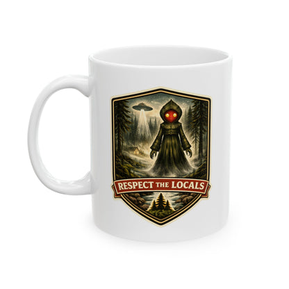 Flatwoods Monster vintage badge ceramic coffee mug, Respect the Locals series