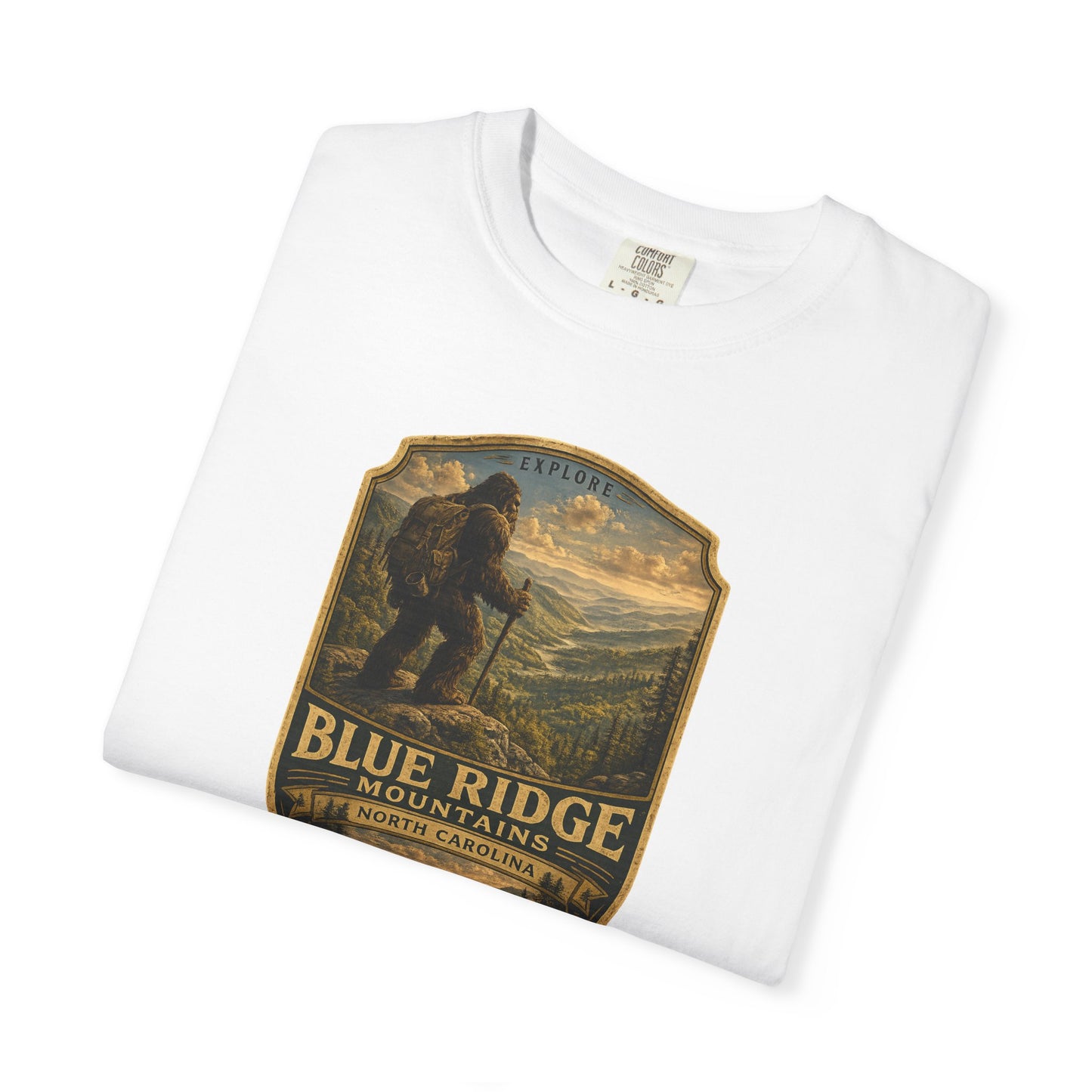 Blue Ridge Mountains Badge Bigfoot Design T-Shirt | Hiking Nature Retro