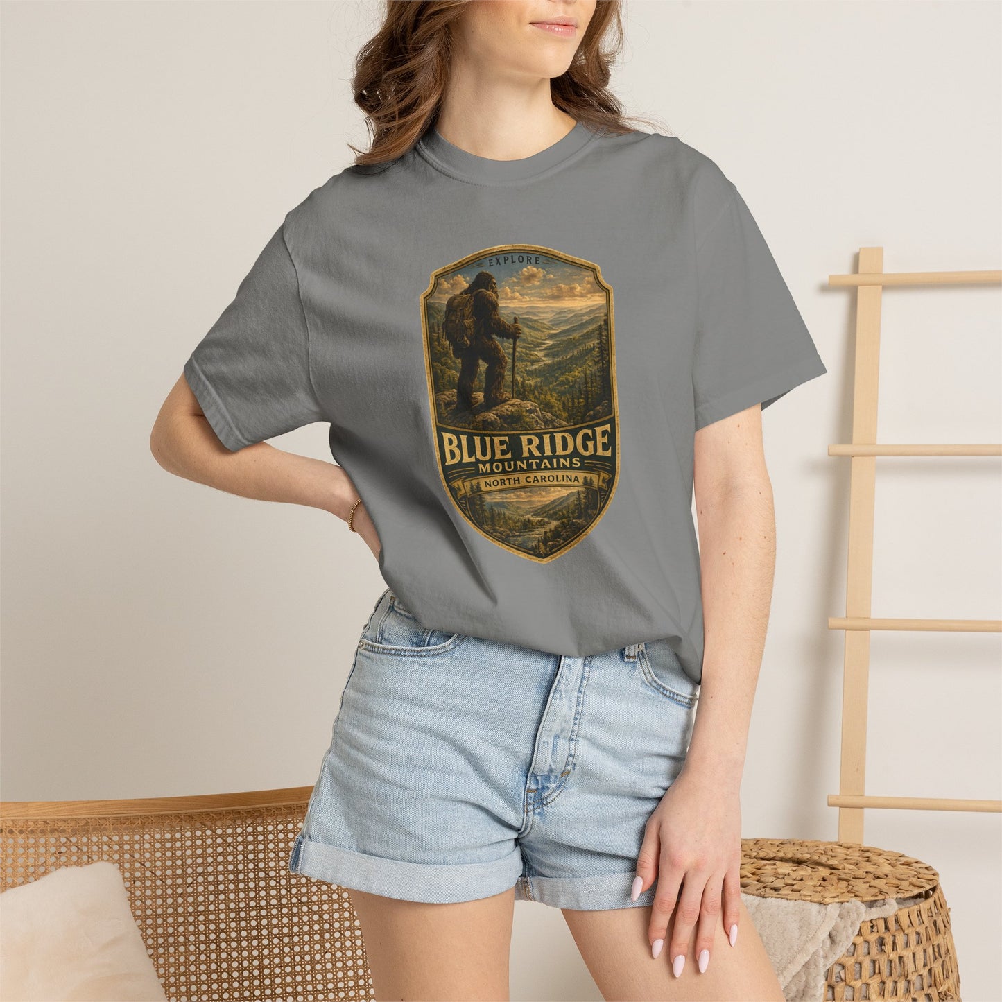 Blue Ridge Mountains Badge Bigfoot Design T-Shirt | Hiking Nature Retro