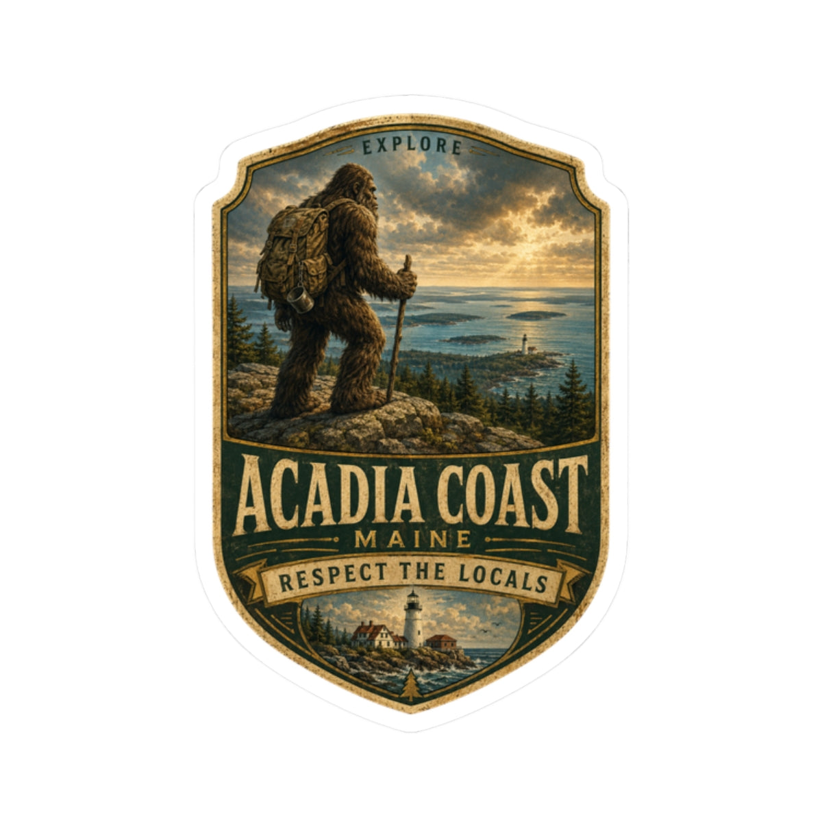 Acadia Coast Maine Sasquatch/Bigfoot Sticker | Scenic Lighthouse Badge, Explore Respect the Locals
