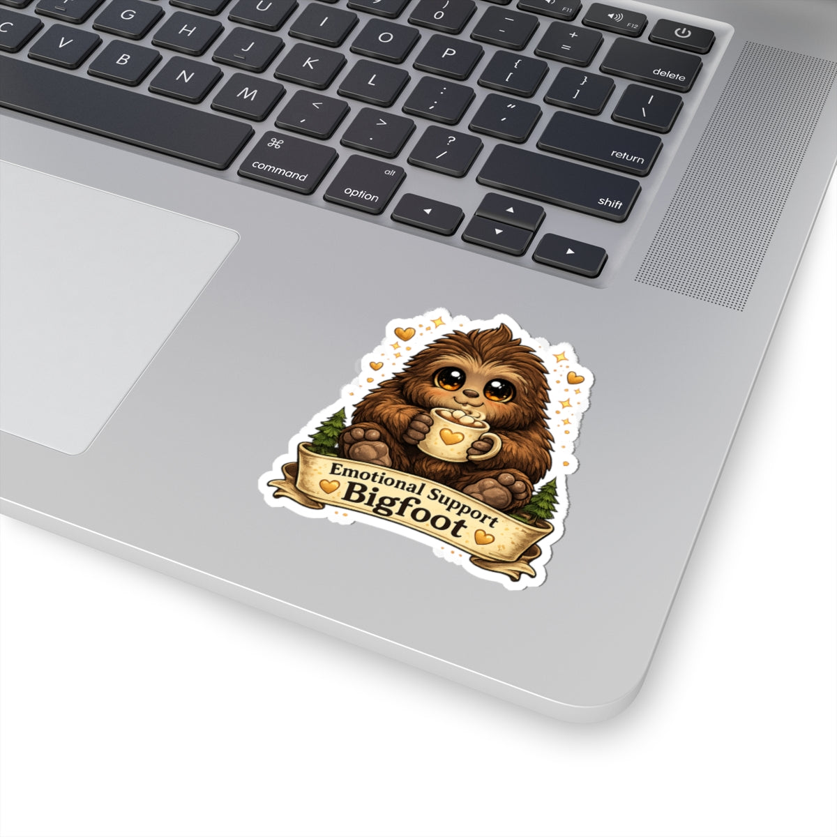 Emotional Support Bigfoot Kiss-Cut Sticker | Cute Sasquatch Coffee