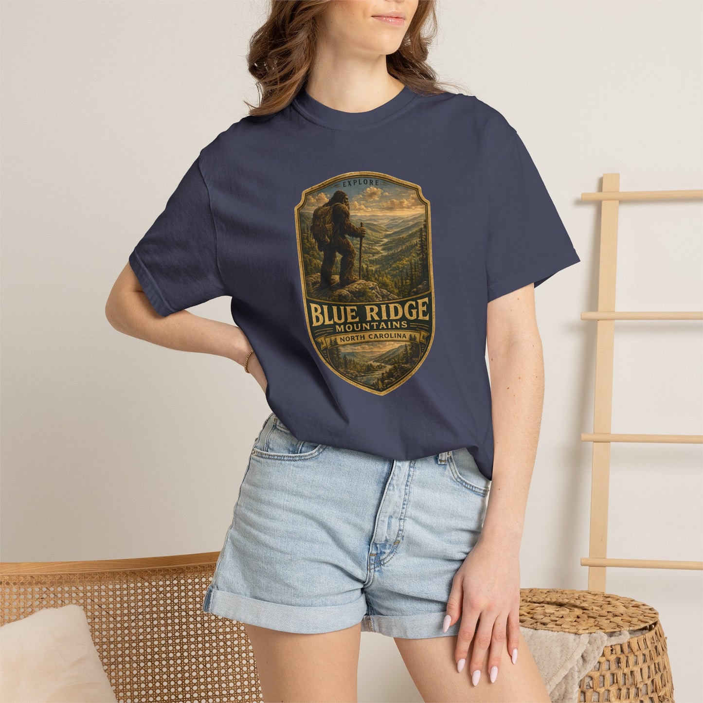 Blue Ridge Mountains Badge Bigfoot Design T-Shirt | Hiking Nature Retro