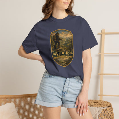Blue Ridge Mountains Badge Bigfoot Design T-Shirt | Hiking Nature Retro